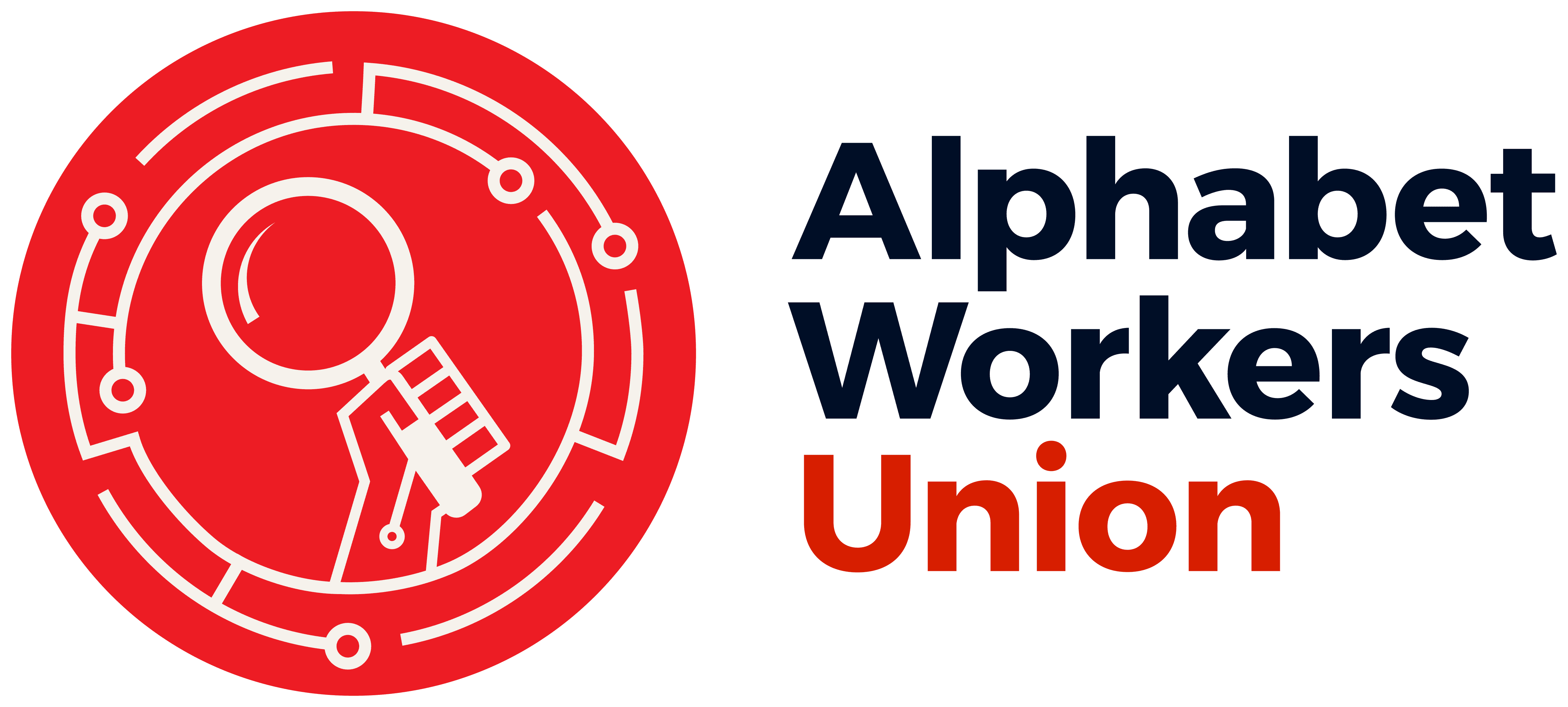 A red circle with a hand holding a stylized magnifying class (the search icon).  On the right, the words Alphabet Workers Union.