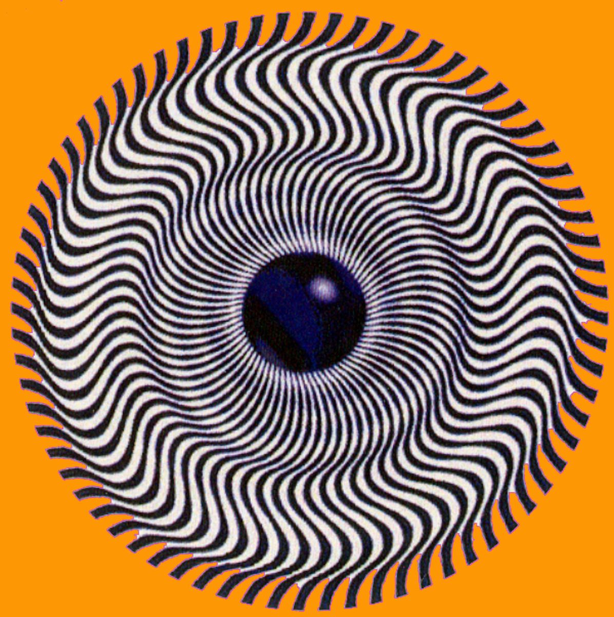 An optical illusion, looking somewhat like an eye, where curved lines radiating out from a center black dot appear to be moving