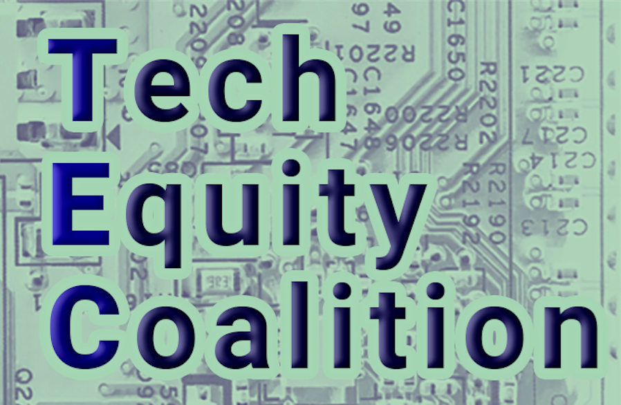 Tech Equity Coalition.  In the background, a light green circuit board.