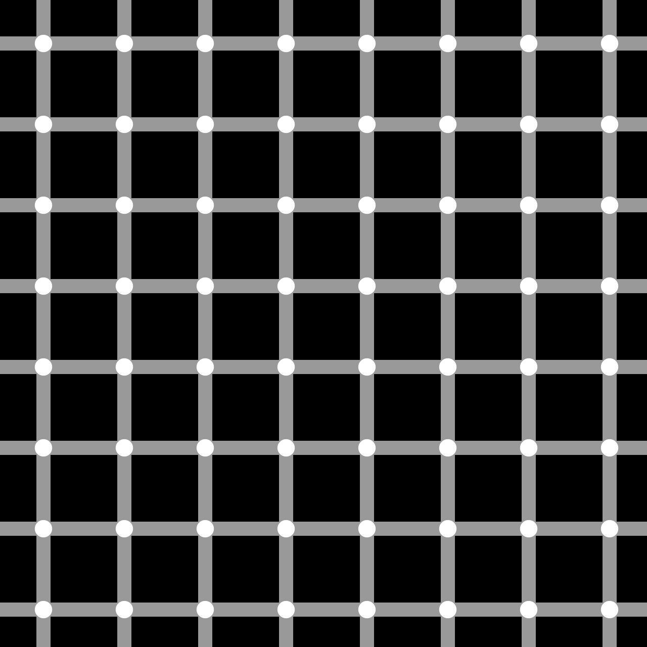 A grid of grey lines and white dots on a black background.  Most people also see flashing black dots, which don't actually exist in the image.