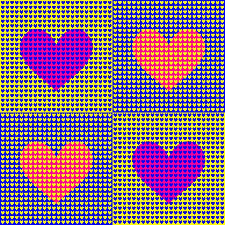 Four squares, each with a grid of hundreds of small hearts in the background and a large heart in the center.  The top left and bottom right squares have yellow backgrounds and small blue hearts; the larger heart int he center looks pink.  The top right and bottom left squares have blue backgrounds and small yellow hearts; the larger heart looks orange.