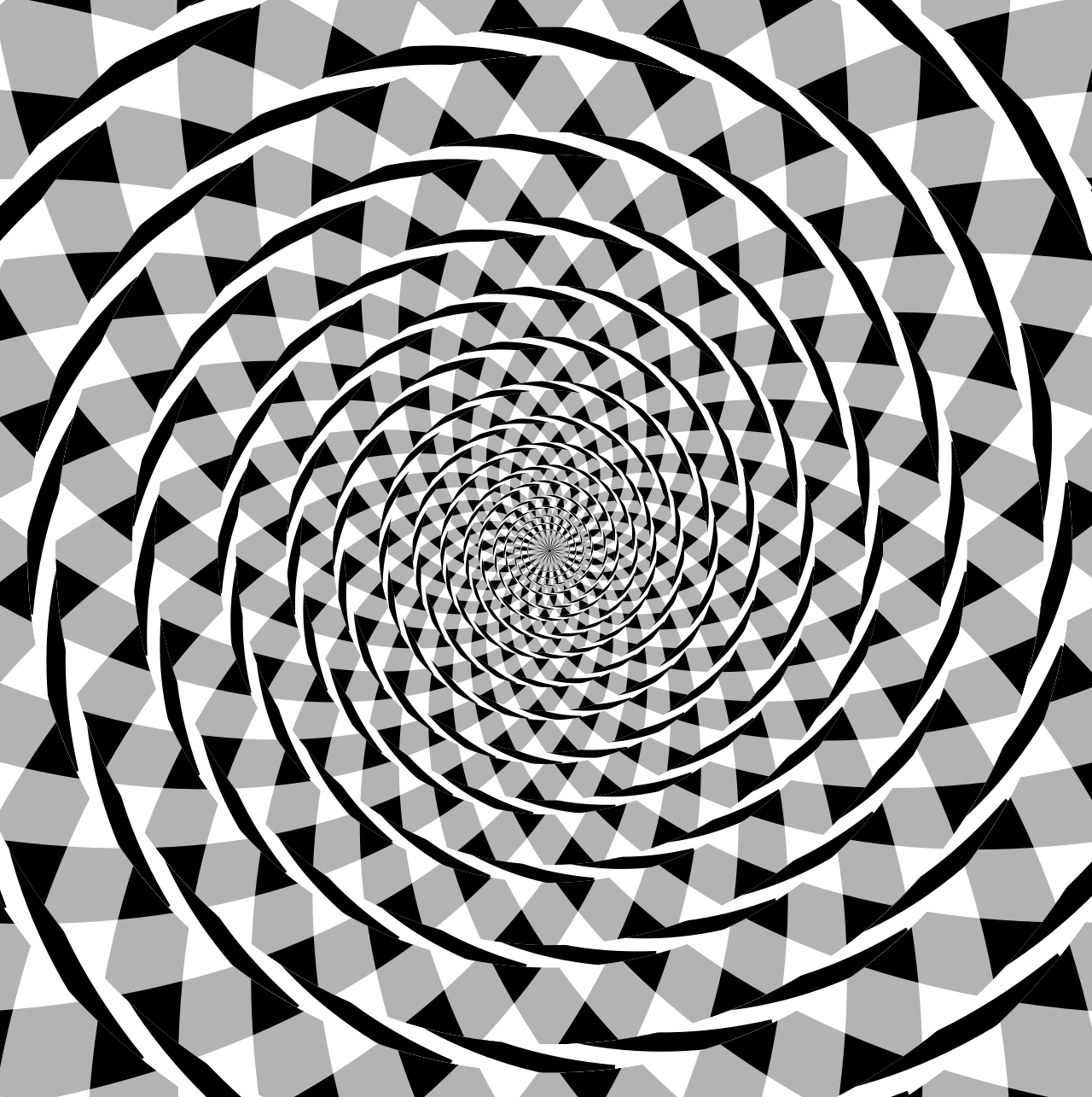 Arcs giving the appearance of a spiral, but in reality concentric circles on a black, white, and gray background.