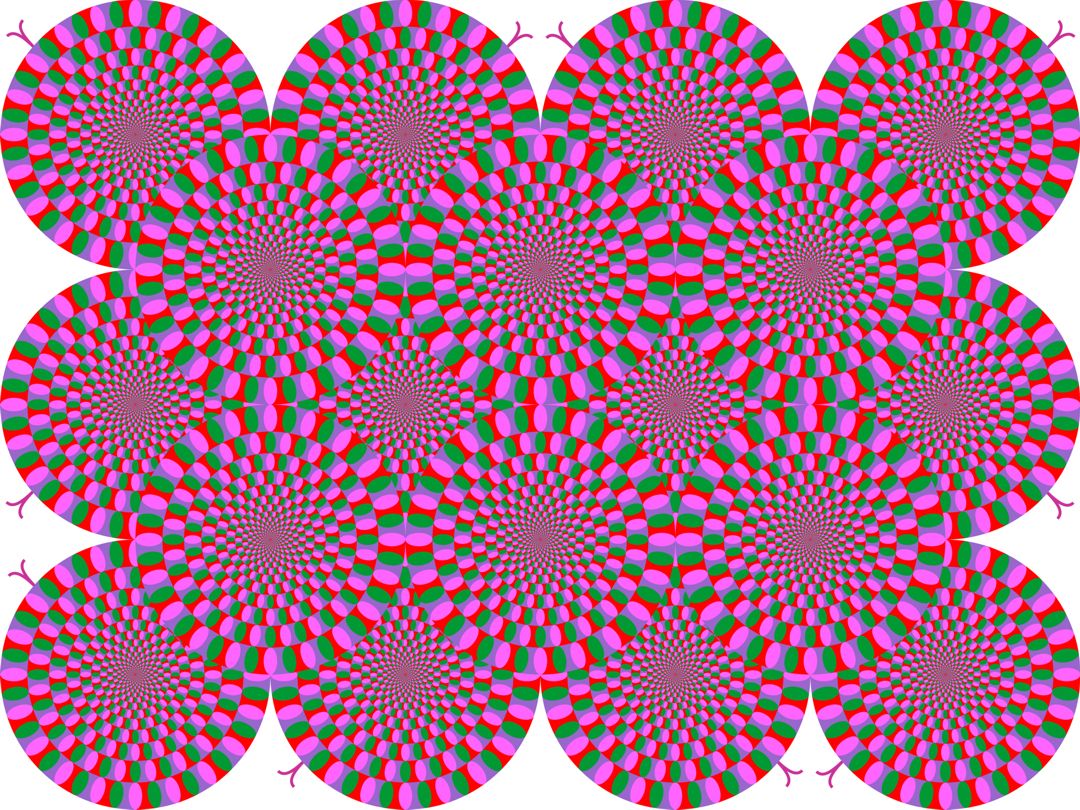 Overlapping disks with a geometric pattern in green, pink, and red