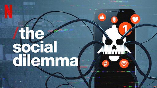 The social dilemma promo image, with the Netflix logo in the top left, and a phone with an image of a skull on it and several red notification bubbles on the right