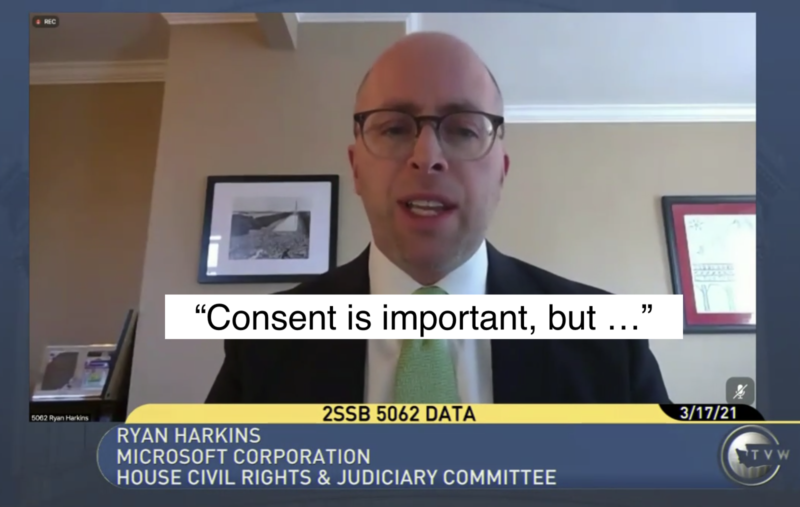 A male in a tie and jacket saying "Consent is important, but ..."   The chyron at the bottom identifies him as Ryan Harkins, Microsoft Corporation, testifying to the House Civil Rights & Judiciary Committee