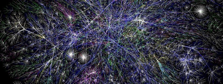 A network diagram showing nodes connected by lines in multiple colors 