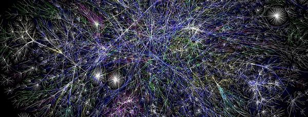 A network diagram showing nodes connected by lines in multiple colors 