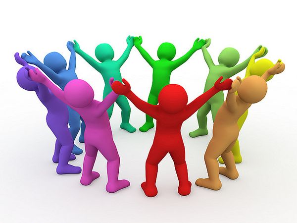 Stylized human figures in multiple colors in a circle holding hands and looking up at the sky