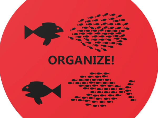 Above, a big fish chasing an unorganized school of smaller fish.  In the middle the word ORGANIZE!  Below, the small fish, organized chasing the big fish